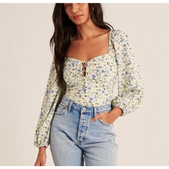 Abercrombie Light Green & Blue Ditzy Floral Puff Sleeve Cottagecore Blouse - Picture 1 of 8